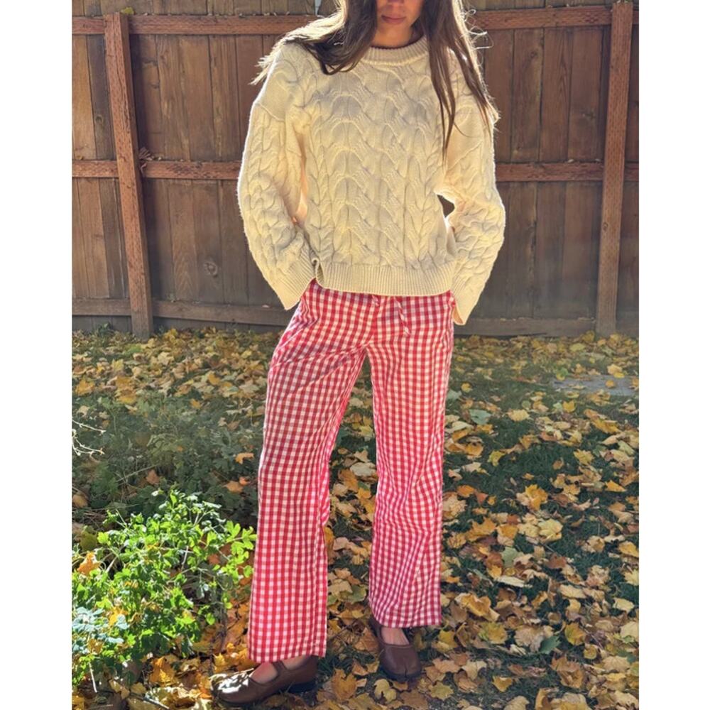 Sonderhaus Perfect Wide Leg 100% Cotton Pants Red Gingham Size Small